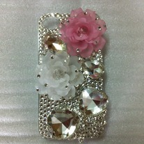 New Bling Big White And Pink Flowers With Big Crystal Bow Case For iPhone 4