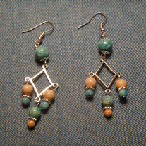 Green & Tan Sandstone with Tibetian Silver Triple Dangle Earrings