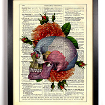 Image of Colorful Skull With Roses, Vintage Dictionary Print, 8 x 10