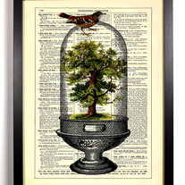 Image of Tree Terrarium With Little Bird, Vintage Dictionary Print, 8 x 10