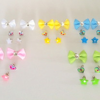 3-in-1 pastel white yellow blue pink OR green bow plastic star lightning heart earrings set - you choose