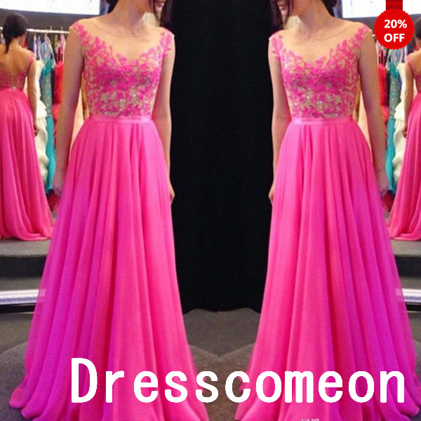 Hot pink unique prom dresses,plum lace chiffon long prom dress,cheap