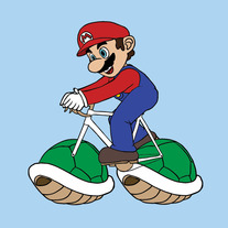 Mario riding bike with turtle shell wheels, 5x5 print