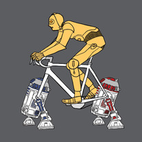 C3PO riding bike with R2D2 and R2D1 wheels, 5x5 print