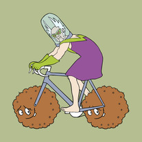 Dr Weird riding bike with Meatwad wheels, 5x5 print