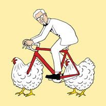 Colonel Sanders riding bike with chicken wheels, 5x5 print