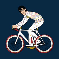 Elvis Presley riding bike with jeweled wheels, 5x5 print