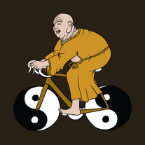 Buddha riding bike with yin yang wheels, 5x5 print