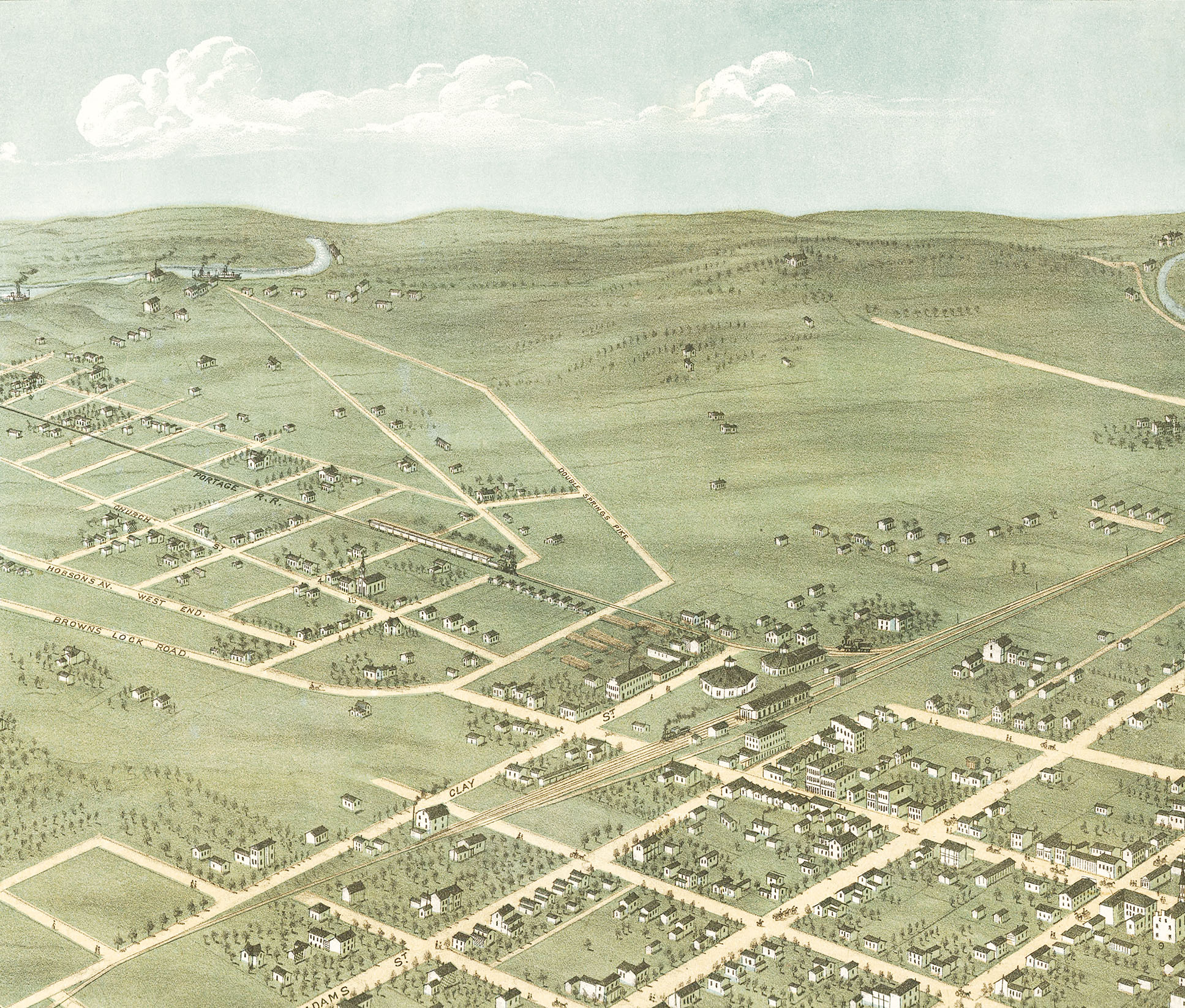 Bowling Green, Kentucky in 1871 Bird's Eye View Map, Aerial Map
