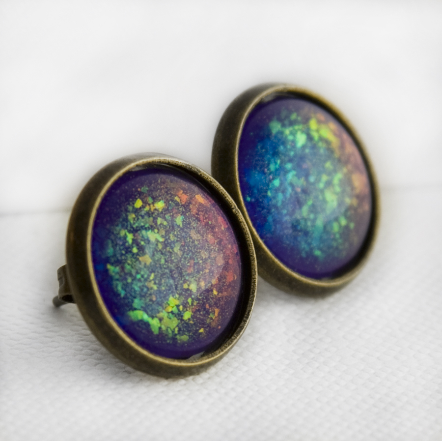 Supernova Cosmic Rainbow Holographic Post Earrings in Antique Bronze on