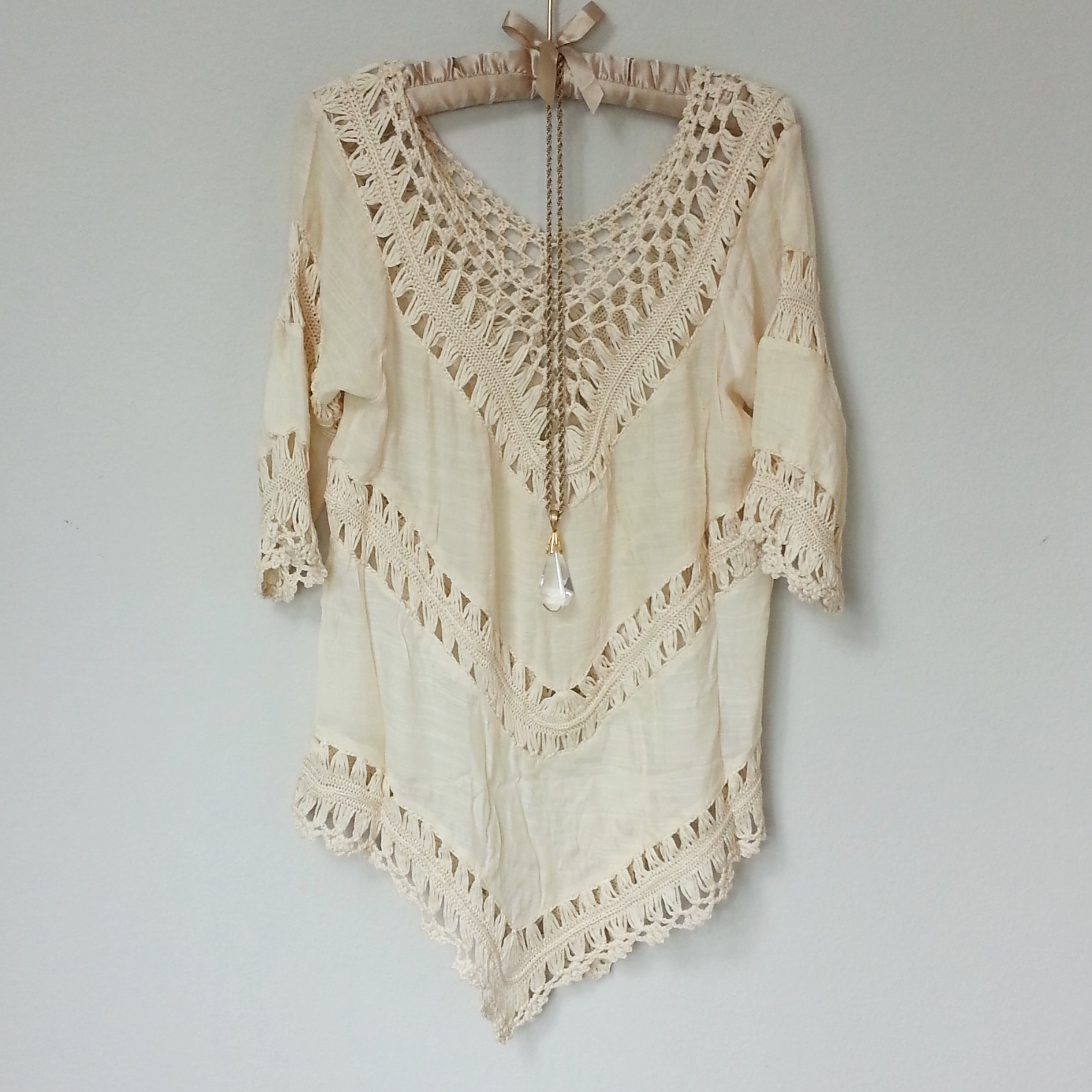 Cream Macrame Crochet Gauze Boho, Beach Gypsy Style 3/4 Sleeve V Neck