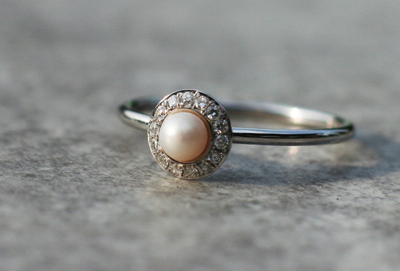 Pearl and diamonds wedding ring, halo engagement ring, pearl wedding ring, fine jewelry · Arpelc