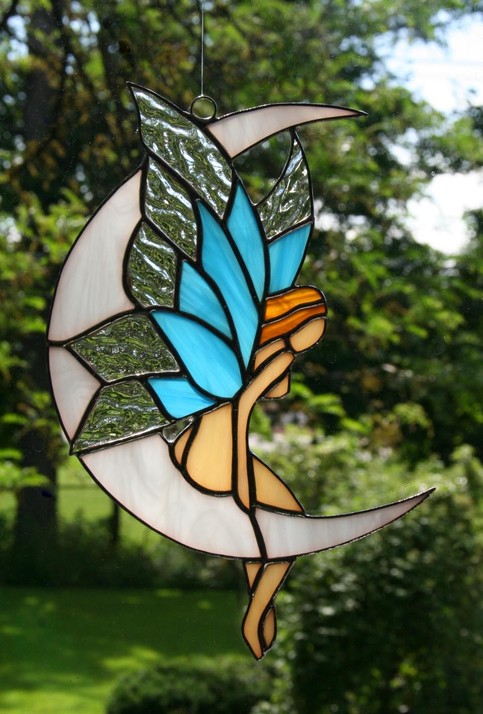Lovely Authentic Tiffany Style Stained Glass Fairy Moon Window Hanging