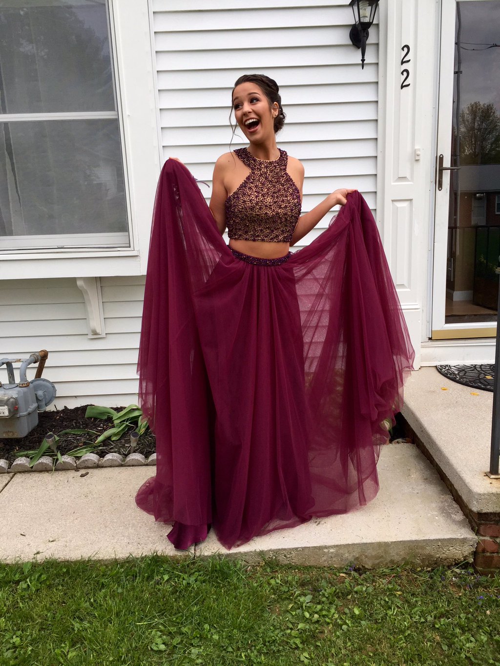 Two Piece Burgundy Long Mermaid Dress Burgundy Two Piece Prom