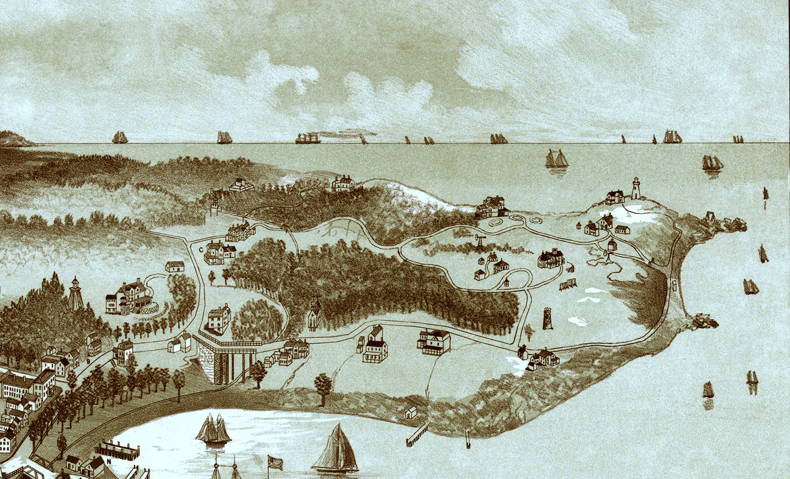 Woods Hole, Falmouth, Massachusetts in 1887 Bird's Eye View, Aerial Map, Panorama, Vintage map