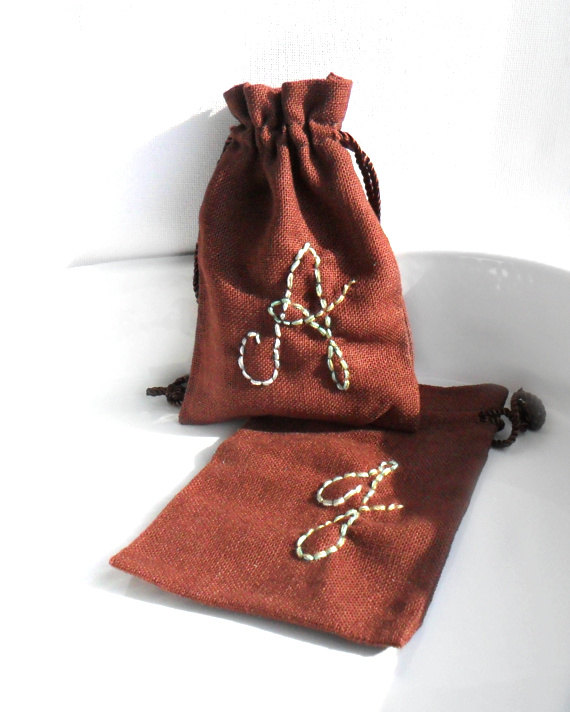Personalized Brown drawstring cotton linen pouches Party favors ...