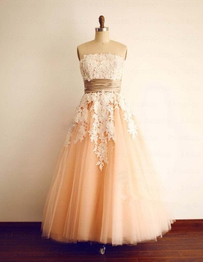 peach lace wedding dress