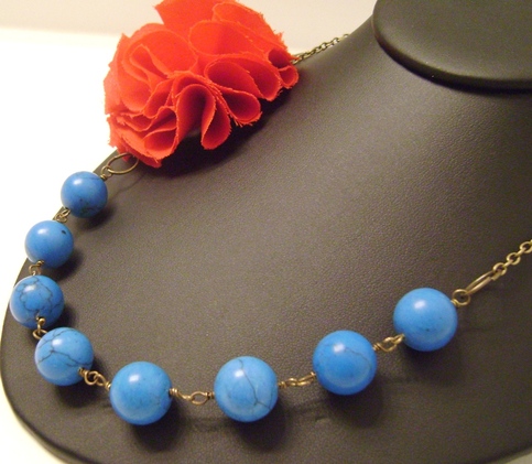 Red Fabric Flower, Blue Turquoise Beaded Vintage Necklace, Bridesmaid Necklace, Wedding Jewelry, Fabric Flower Necklace