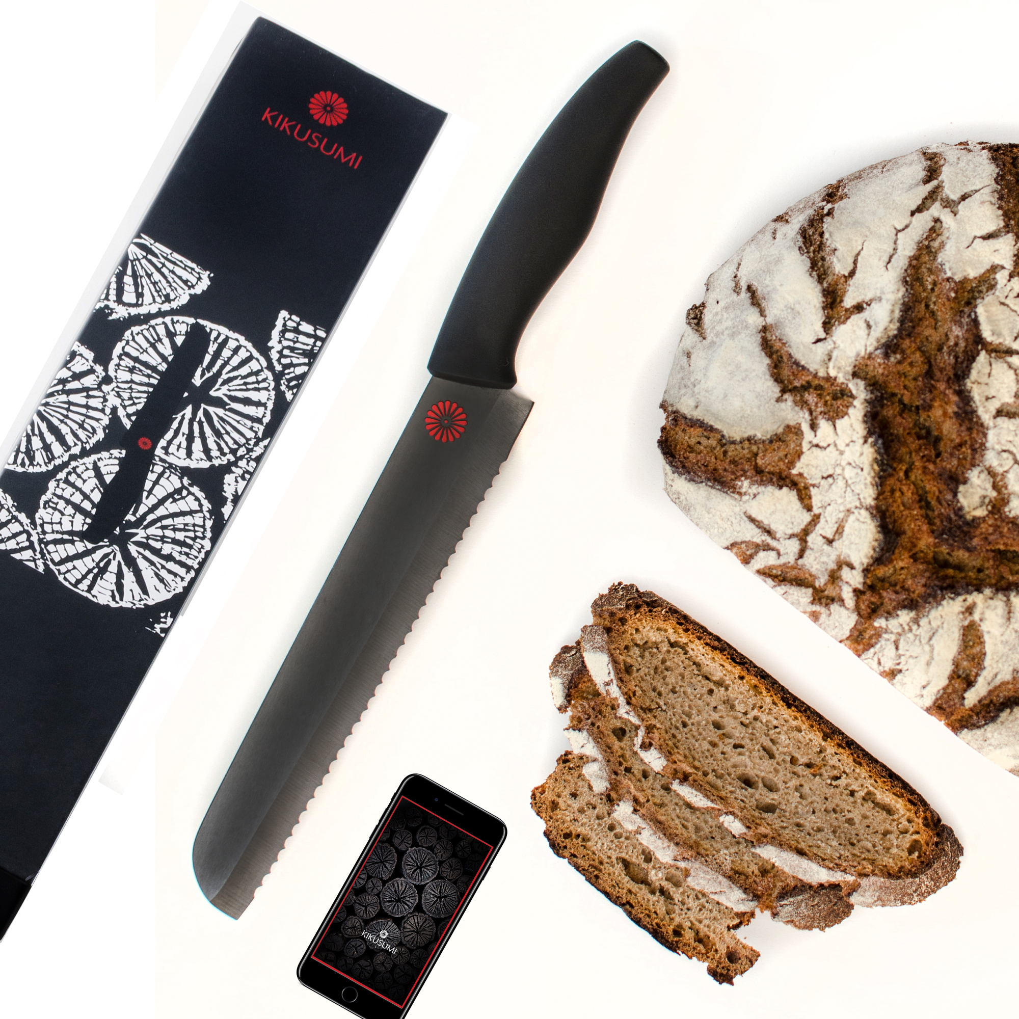 Kikusumi Bread Knife Set SUMI Black Handle 8” Serrated Ceramic Blade