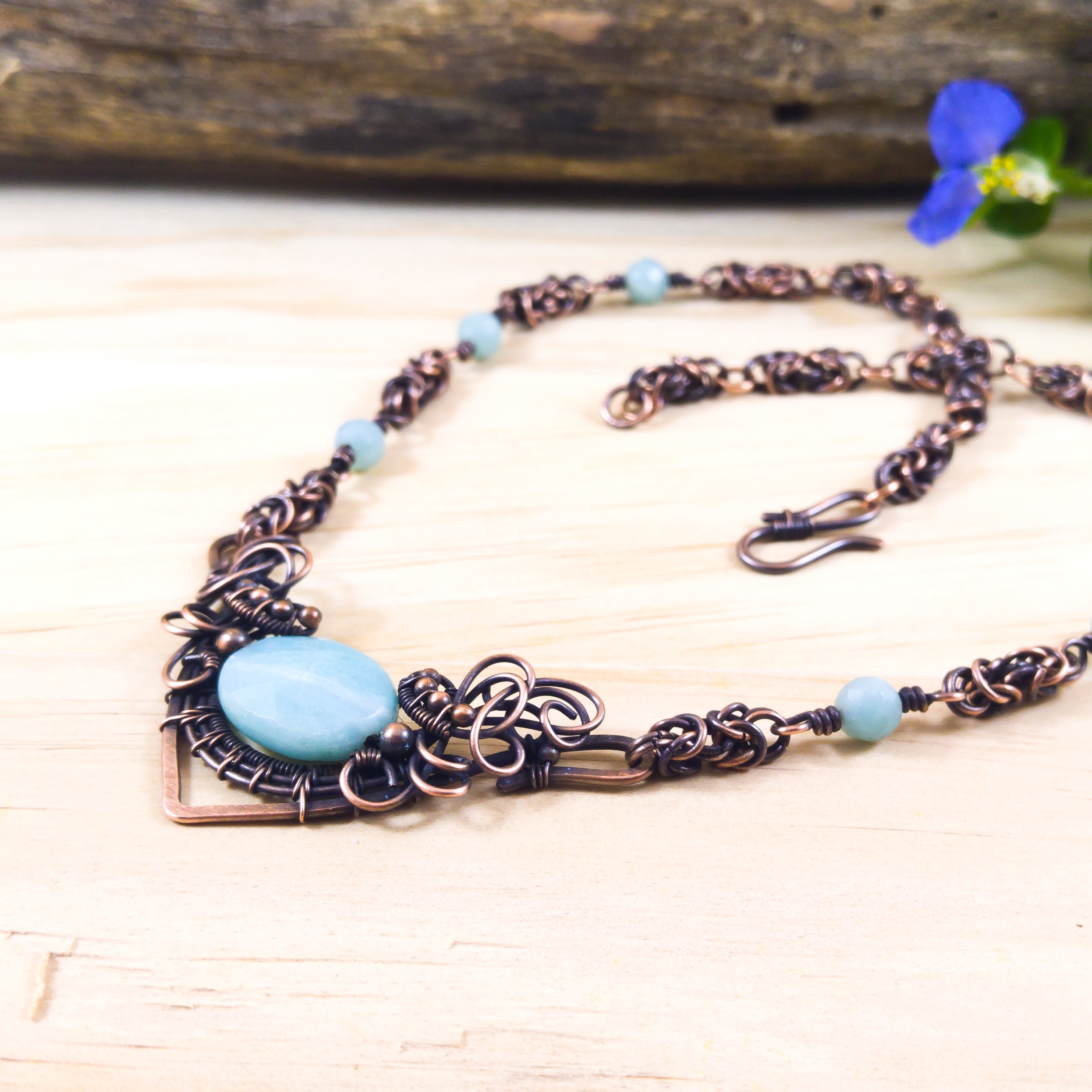 Trendy necklace with amazonite and oxidized copper; statement natural