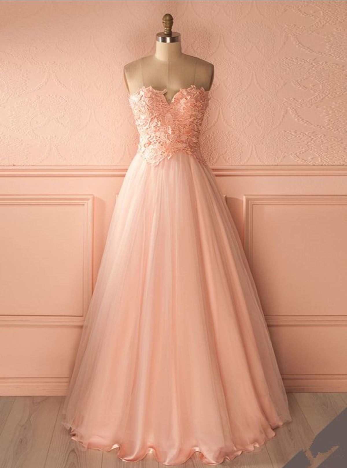 Sweetheart pink lace top long tulle bridesmaid dress, long spring party