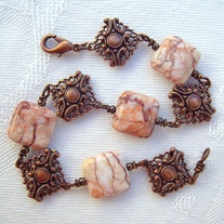 Antique Copper Filigree Bracelet with Jasper Beads