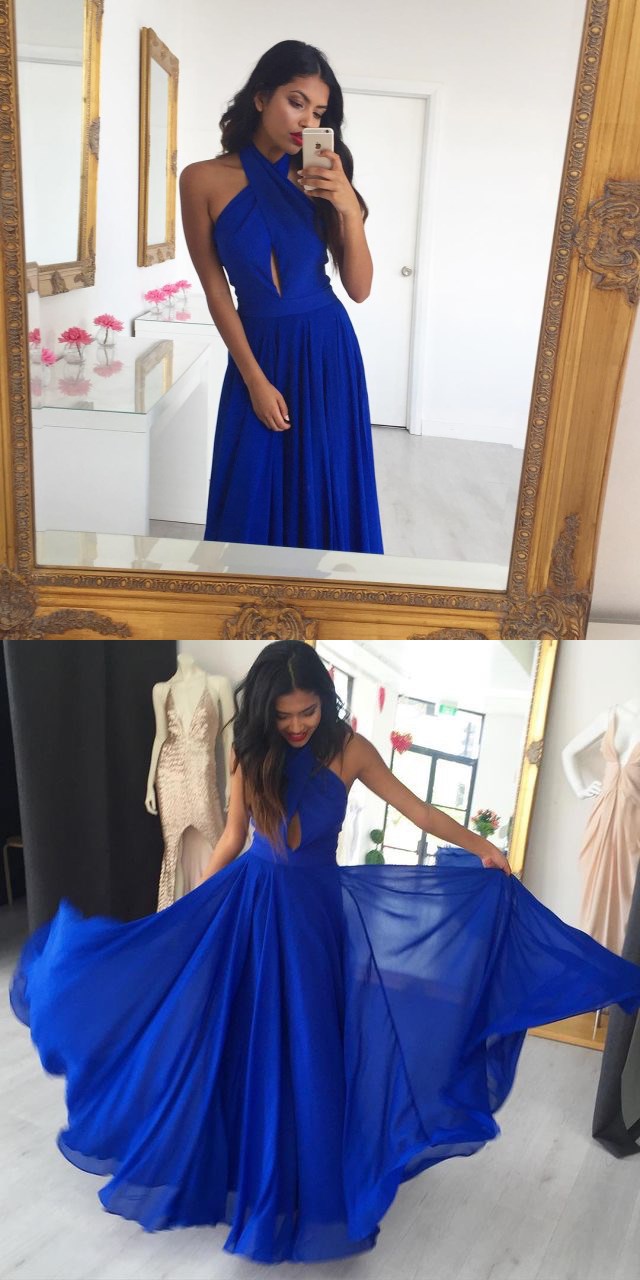 Blue Halter Prom Dress