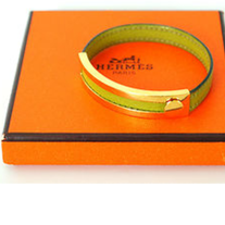 HERMES Bracelet Authentic HERMES 'Pousse Pousse' Bangle Bracelet Lime Green Leather x Goldtone