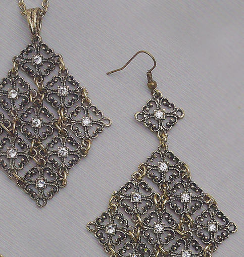 Burnished Gold and Crystal Necklace & Earrings Set