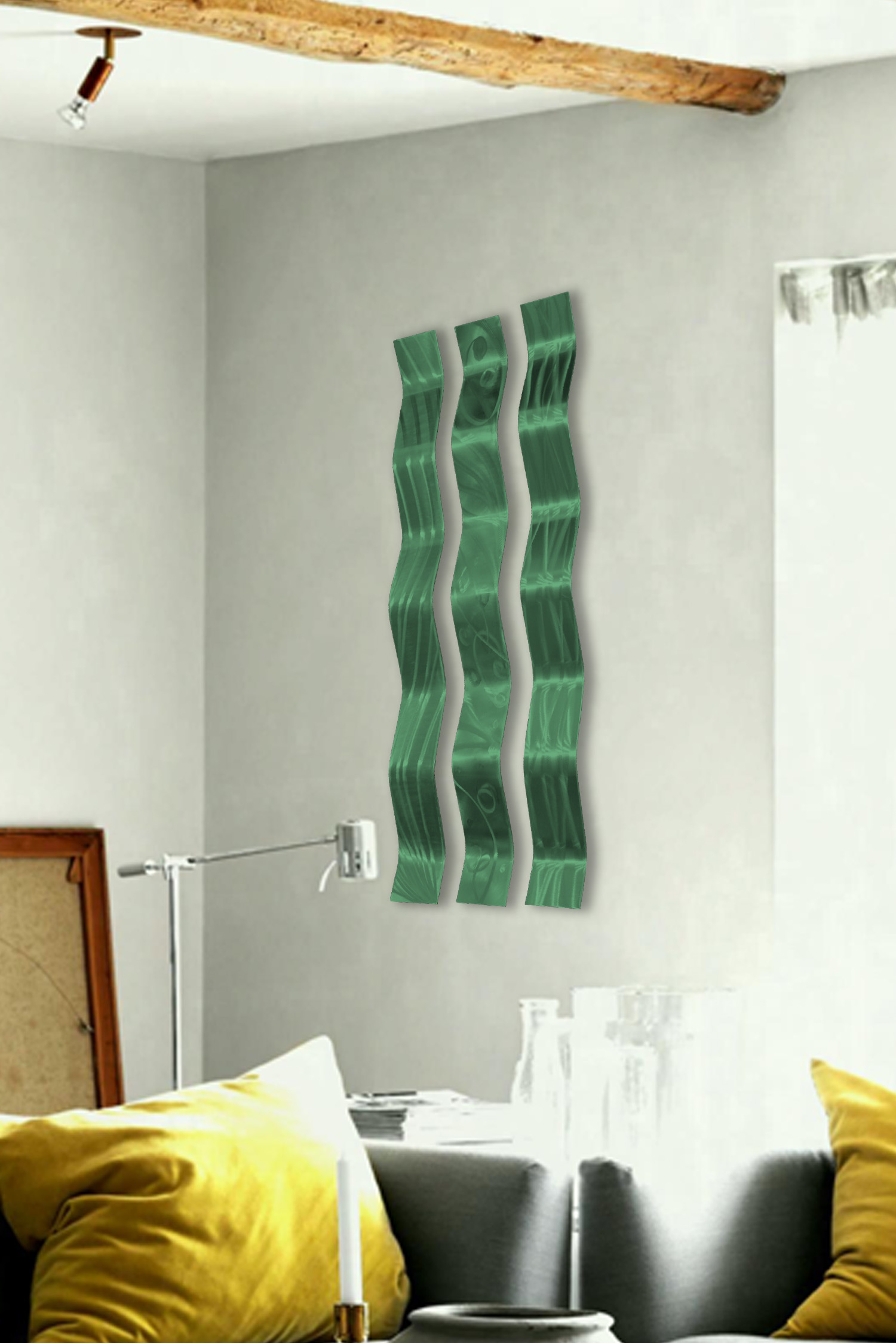 Harmony Green Metal Wall Sculpture Art, Wavy Pieces, Abstract