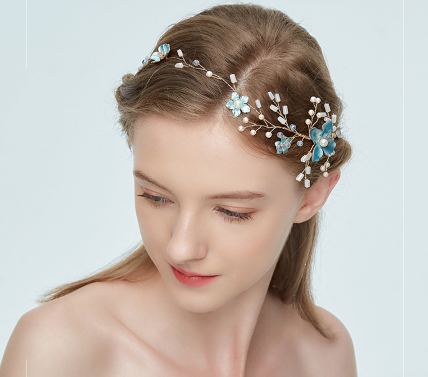 Bride Bridal Crystal Beads Blue Flower Pearl Wedding Tiara Hair