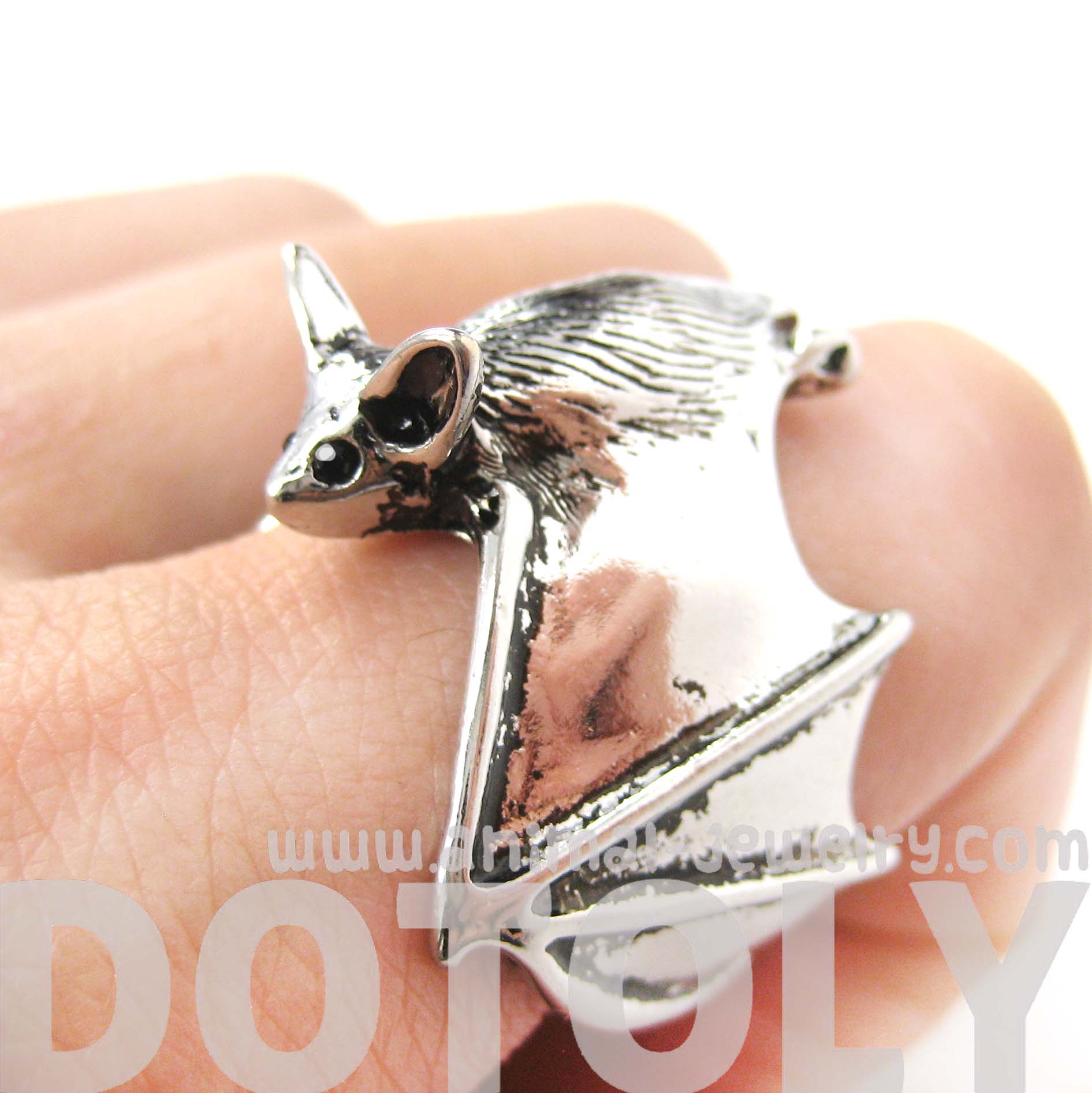 3D Detailed Bat Wings Wrap Around Animal Ring in Shiny Silver Sizes 5