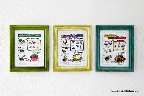 Small Bites Art- Set of THREE Illustrated Recipes, Kitchen Art, 8x10 Prints For Kids, 15% Discount
