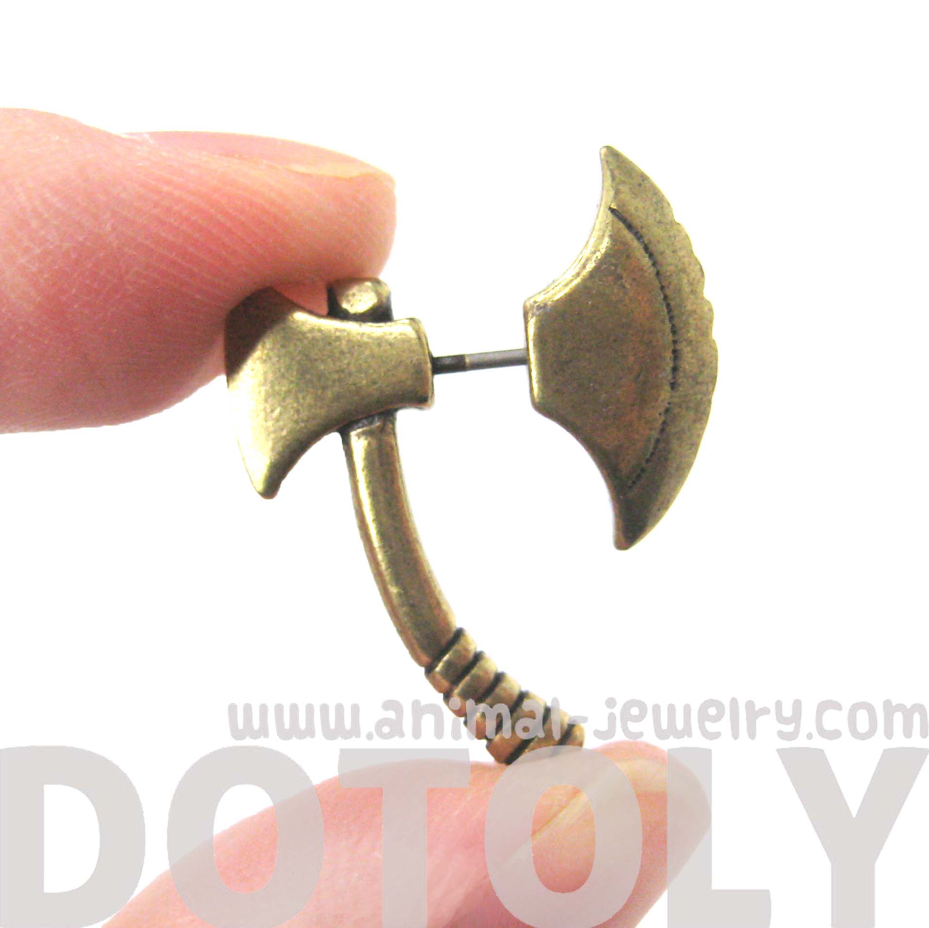 3D Axe Shaped Unisex Fake Gauge Plug Stud Earrings in Brass · DOTOLY