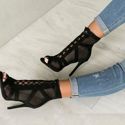Black suede lace up peep toe fashion sandals f8756