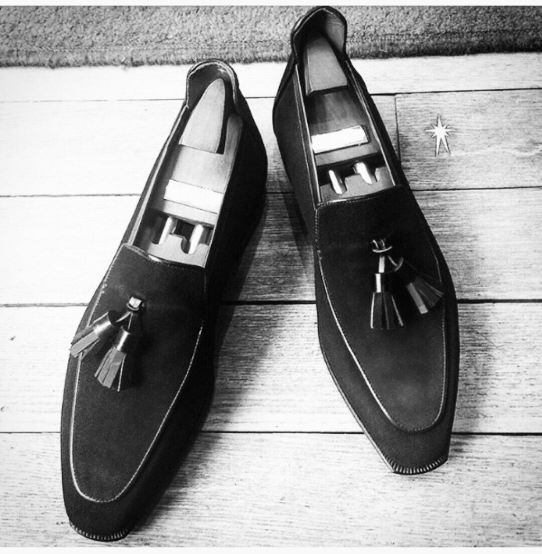 Handmade men black suede moccasin, dress tassel shoes