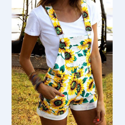 Floral print thick strap suspender shorts