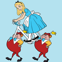 Alice riding bike powered by tweedle-dee and tweedle-dum, 5x7 print