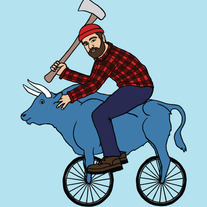 Paul Bunyan on blue ox bike, 5x5 print