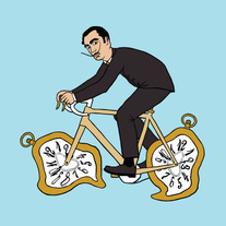 Salvador Dali riding bike with melting clock wheels, 5x5 print 
