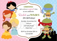 Disney princesses and teenage mutant ninja turle twin invitation