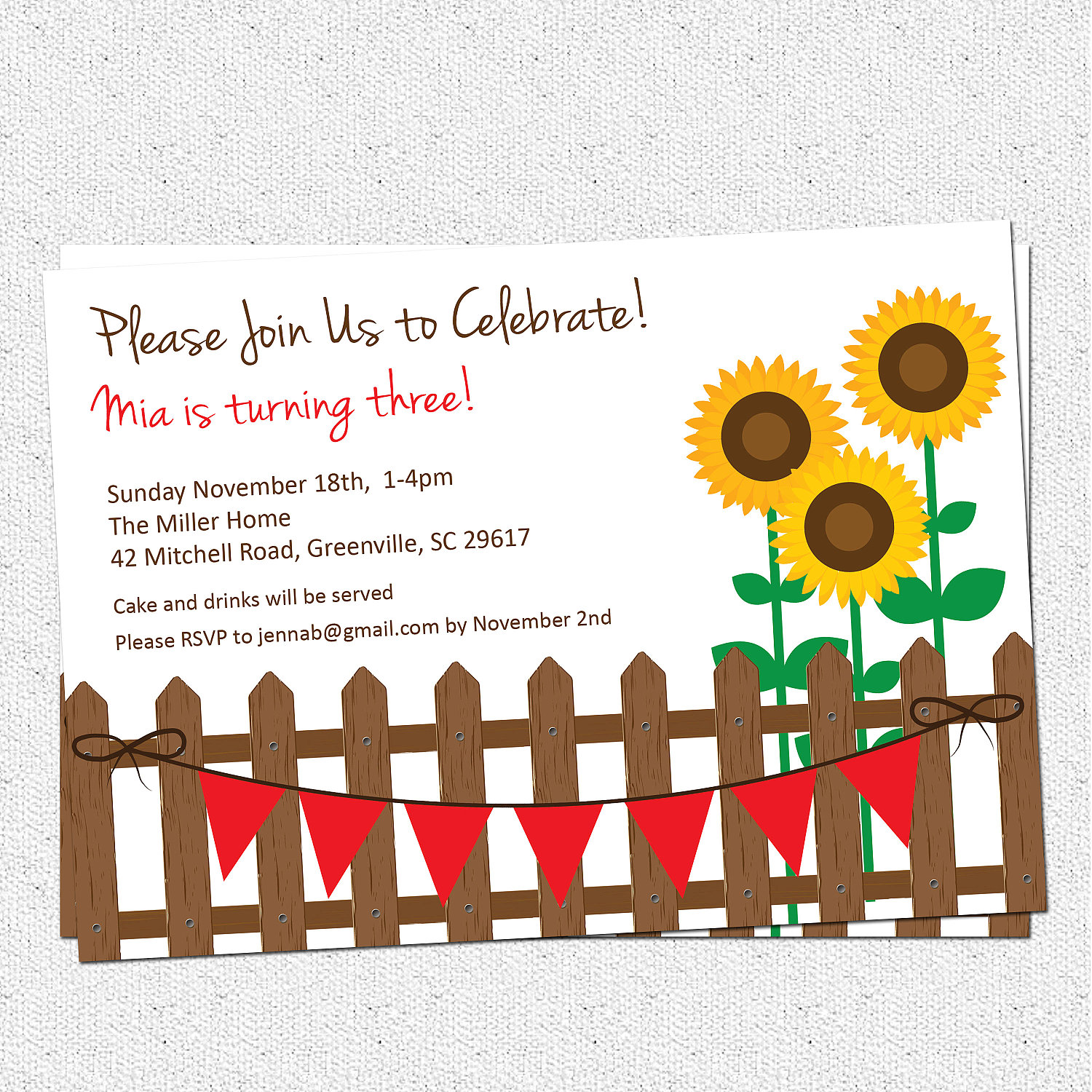 Sunflower Pennant Banner Birthday Invitations Country Rustic