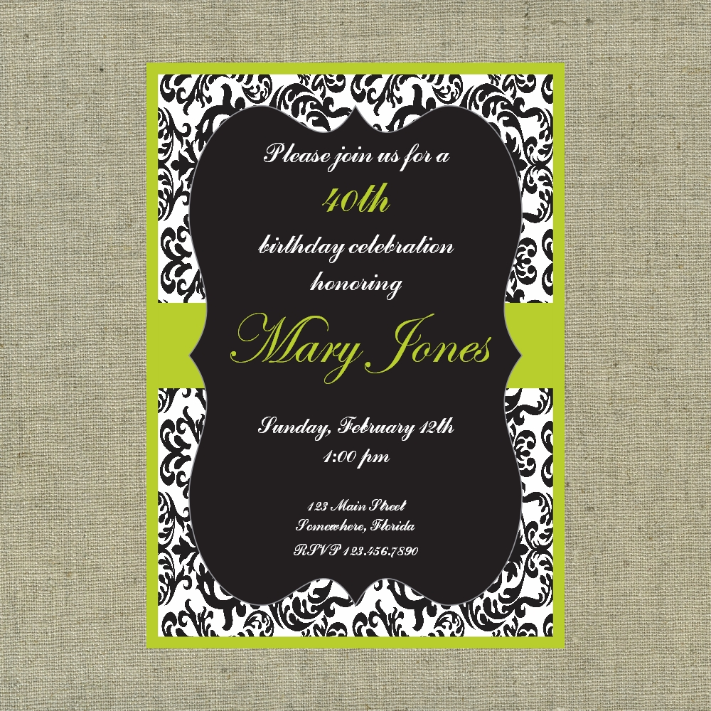 black white and green damask custom printable invitation on storenvy