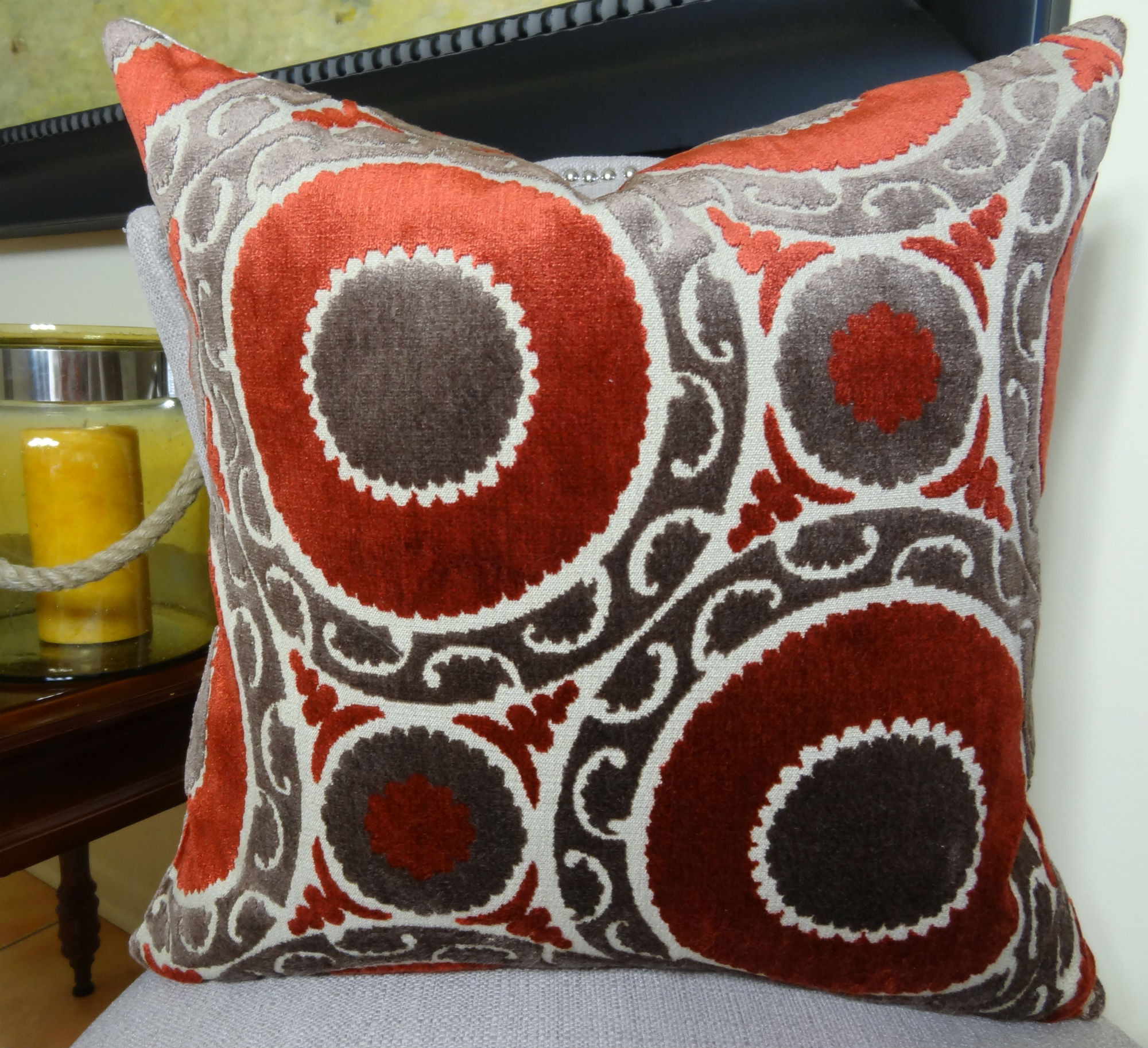 22 X 22 Designer Throw Pillow Cover Red Burgundy Brown Cream