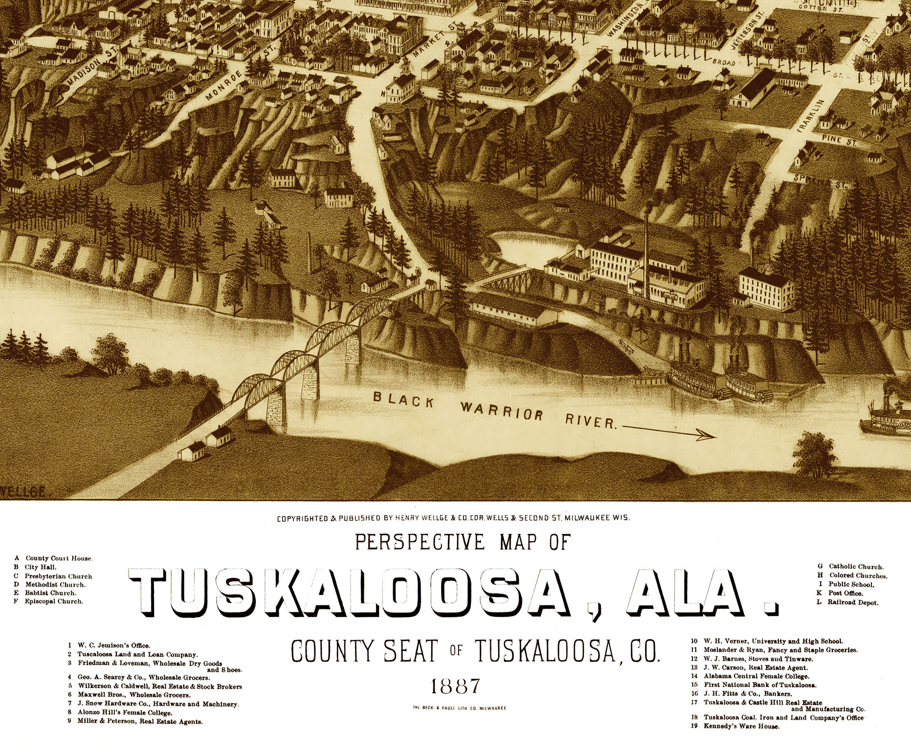 Tuscaloosa, Alabama in 1887 Bird's Eye View Map, Aerial, Panorama