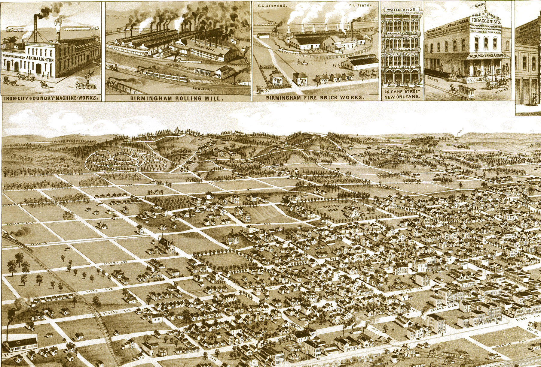 Birmingham, Alabama in 1885 Bird's Eye View Map, Aerial, Panorama