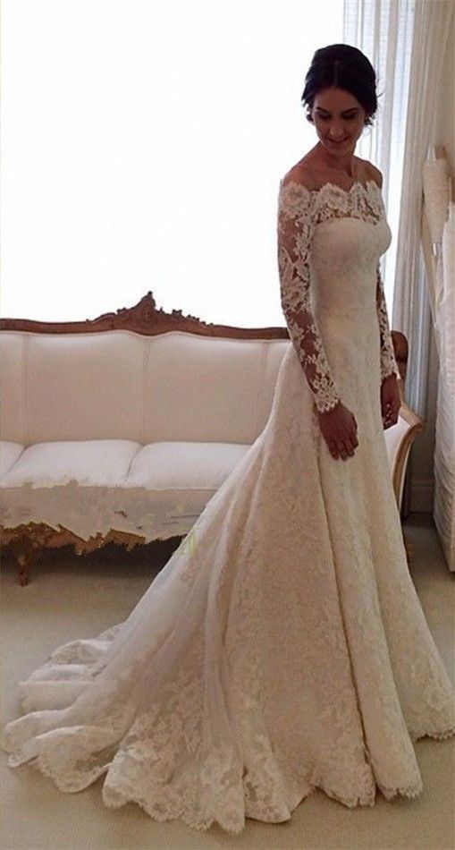 Beauty Long  sleeves  chapel train  mermaid lace wedding  