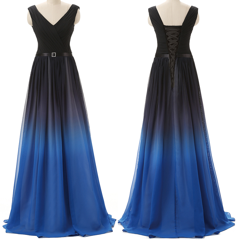 Black Navy Blue  Ombre Prom  Dresses  With V Neck Long 