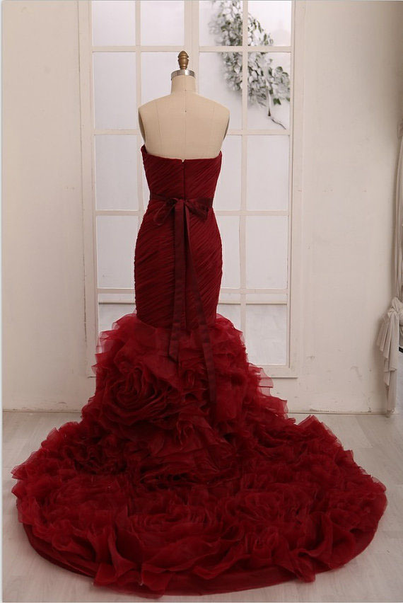 Dark Red Organza Strapless Mermaid Dress
