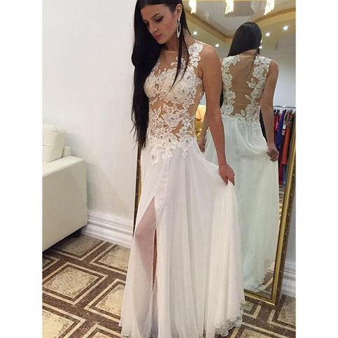 White Floral Lace Prom Dress with Front Split, Sexy